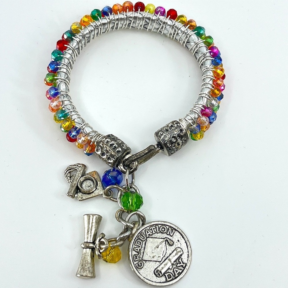 Vintage Rainbow Beaded Graduation Day Charm‎ Bracelet Silver Tone Multi-Color